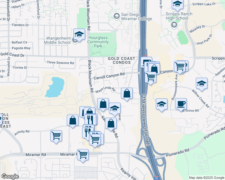 map of restaurants, bars, coffee shops, grocery stores, and more near 9949 Maya Linda Road in San Diego