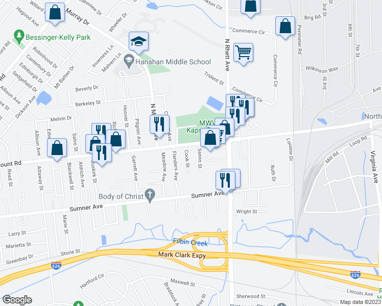 map of restaurants, bars, coffee shops, grocery stores, and more near 1235 Remount Road in North Charleston