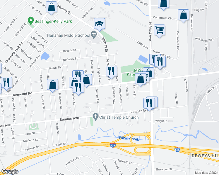 map of restaurants, bars, coffee shops, grocery stores, and more near 1275 Remount Road in North Charleston