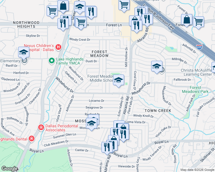 map of restaurants, bars, coffee shops, grocery stores, and more near 9206 Dove Meadow Dr in Dallas