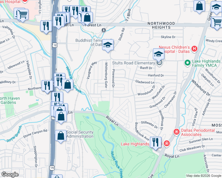 map of restaurants, bars, coffee shops, grocery stores, and more near 9121 Pinewood Drive in Dallas