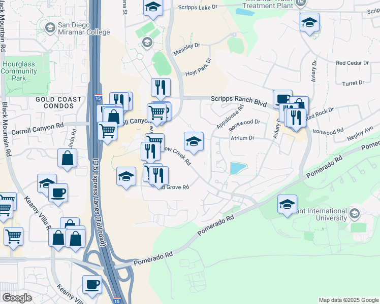 map of restaurants, bars, coffee shops, grocery stores, and more near 10100 Willow Creek Road in San Diego