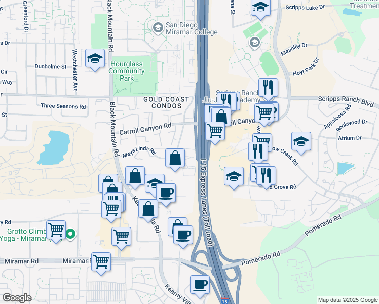 map of restaurants, bars, coffee shops, grocery stores, and more near 9721 Mesa Springs Way in San Diego