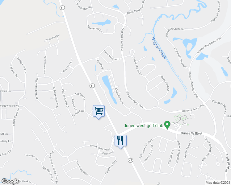 map of restaurants, bars, coffee shops, grocery stores, and more near 2461 Kings Gate Lane in Mount Pleasant