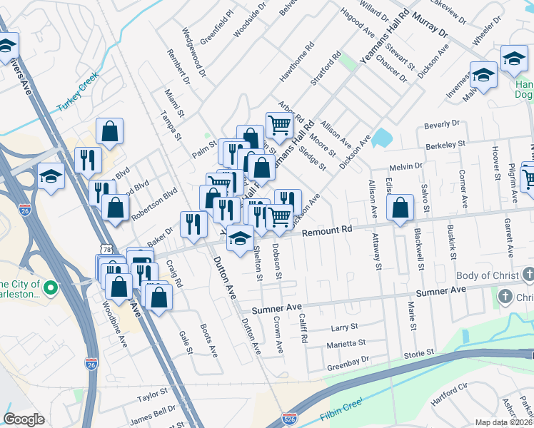 map of restaurants, bars, coffee shops, grocery stores, and more near 1750 Remount Road in North Charleston