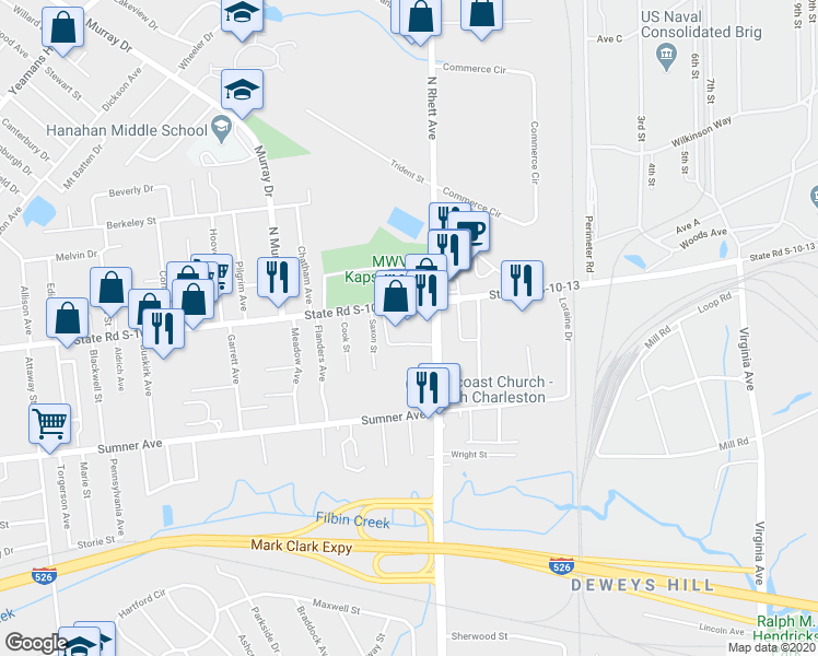 map of restaurants, bars, coffee shops, grocery stores, and more near 1213 Remount Road in Charleston