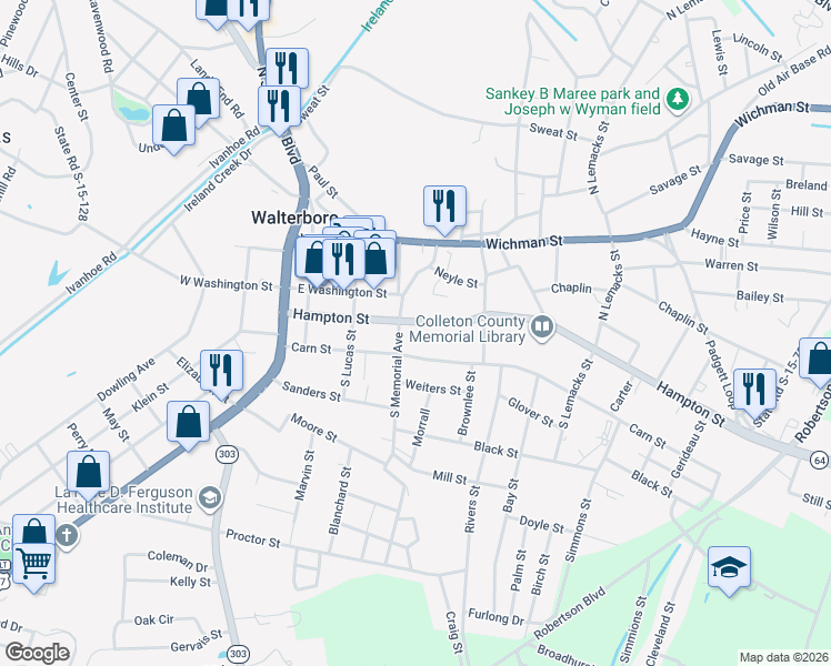 map of restaurants, bars, coffee shops, grocery stores, and more near 143 South Memorial Avenue in Walterboro