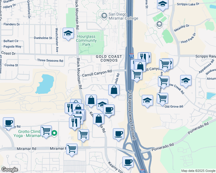 map of restaurants, bars, coffee shops, grocery stores, and more near 10016 Maya Linda Road in San Diego