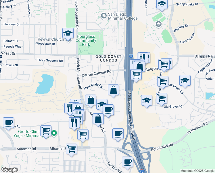 map of restaurants, bars, coffee shops, grocery stores, and more near 10016 Maya Linda Road in San Diego