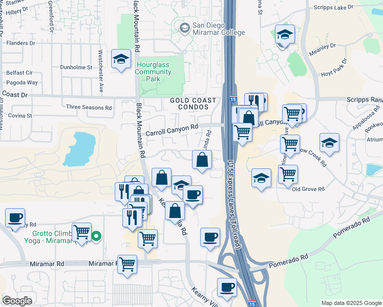 map of restaurants, bars, coffee shops, grocery stores, and more near 10006 Maya Linda Road in San Diego