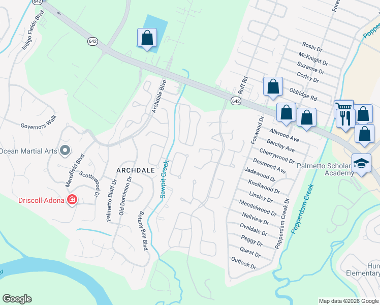 map of restaurants, bars, coffee shops, grocery stores, and more near 141 Blueridge Trail in North Charleston