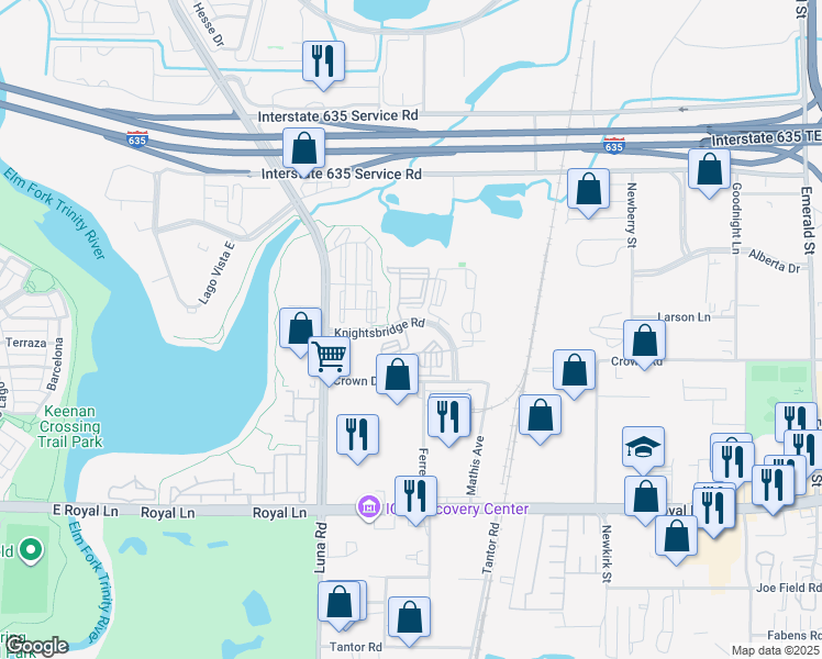 map of restaurants, bars, coffee shops, grocery stores, and more near 1900 Knightsbridge Road in Farmers Branch
