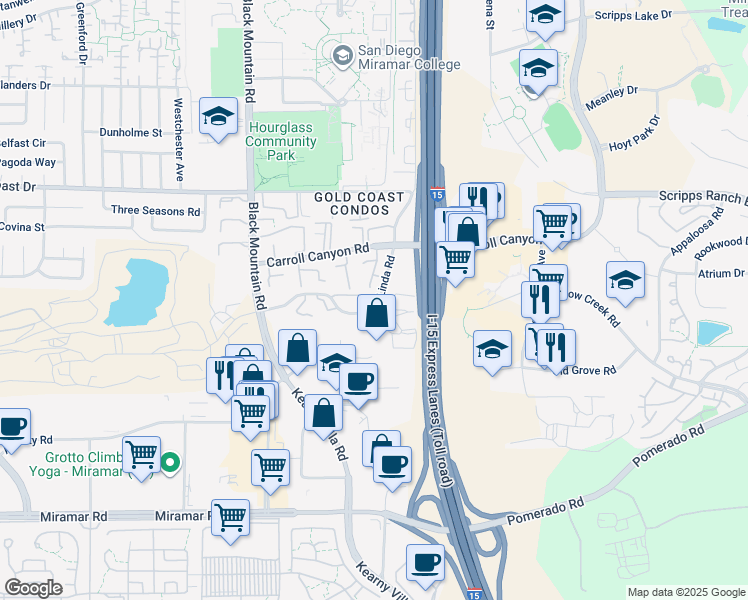 map of restaurants, bars, coffee shops, grocery stores, and more near 10076 Maya Linda Road in San Diego