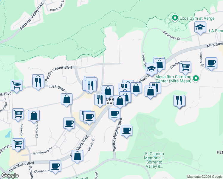 map of restaurants, bars, coffee shops, grocery stores, and more near 9945 Pacific Heights Boulevard in San Diego