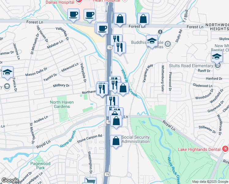map of restaurants, bars, coffee shops, grocery stores, and more near 11300 N US 75-Central Expy 1000 in Dallas