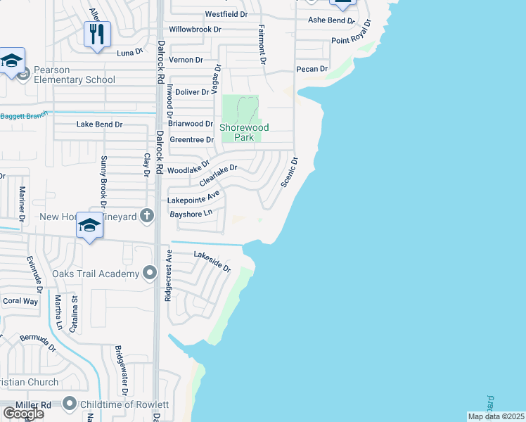 map of restaurants, bars, coffee shops, grocery stores, and more near 4402 Scenic Drive in Rowlett
