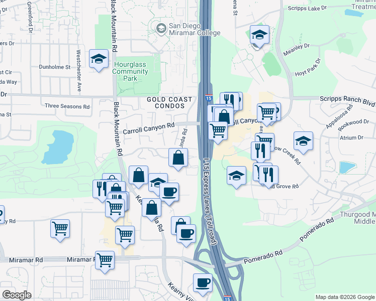 map of restaurants, bars, coffee shops, grocery stores, and more near 9705 Mesa Springs Way in San Diego