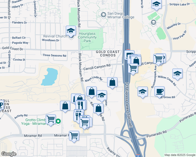 map of restaurants, bars, coffee shops, grocery stores, and more near 9949 Maya Linda Road in San Diego