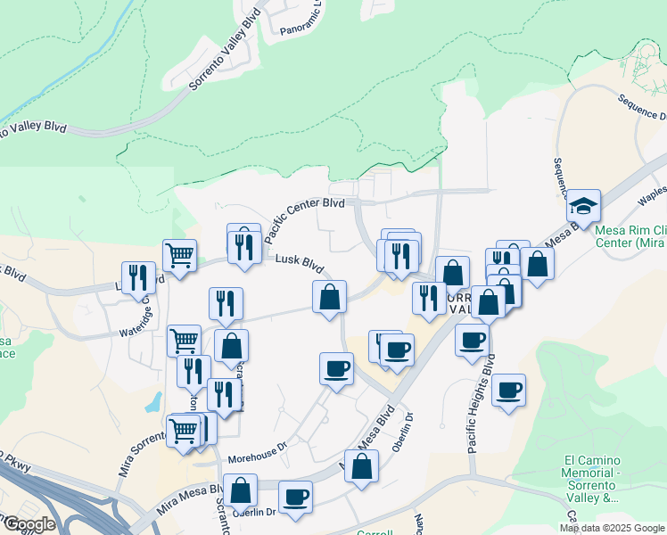 map of restaurants, bars, coffee shops, grocery stores, and more near 6255 Lusk Boulevard in San Diego