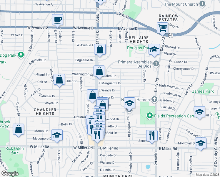 map of restaurants, bars, coffee shops, grocery stores, and more near 140 East Wanda Drive in Garland