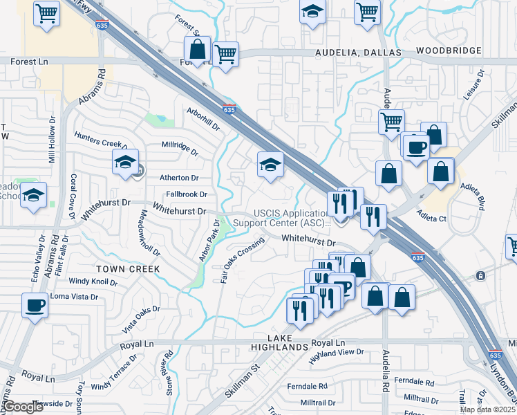 map of restaurants, bars, coffee shops, grocery stores, and more near 9740 Whitehurst Drive in Dallas