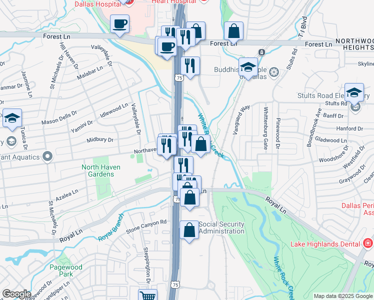 map of restaurants, bars, coffee shops, grocery stores, and more near 11300 N US 75-Central Expy 1000 in Dallas