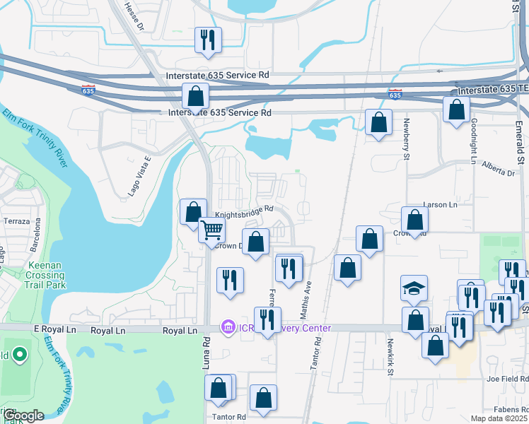map of restaurants, bars, coffee shops, grocery stores, and more near 1900 Knightsbridge Road in Farmers Branch