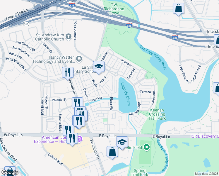 map of restaurants, bars, coffee shops, grocery stores, and more near 6740 Verde in Irving