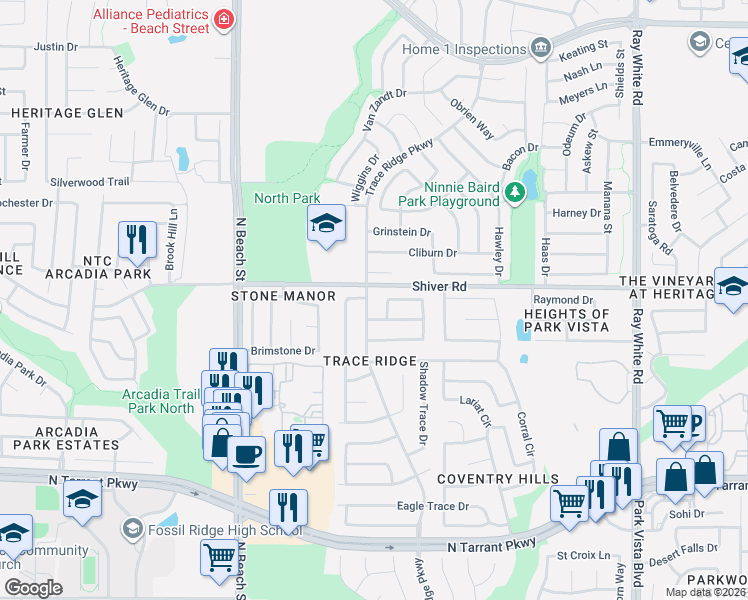 map of restaurants, bars, coffee shops, grocery stores, and more near 8852 Trace Ridge Parkway in Fort Worth