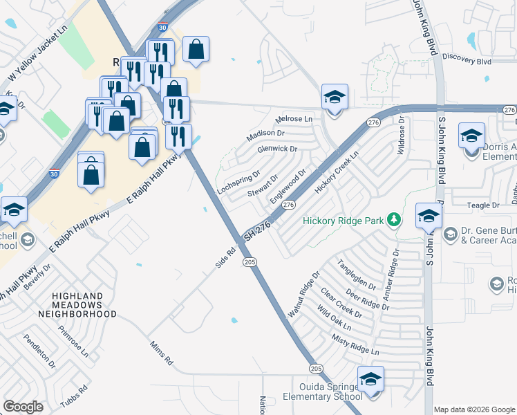 map of restaurants, bars, coffee shops, grocery stores, and more near 2321 Graystone Drive in Rockwall