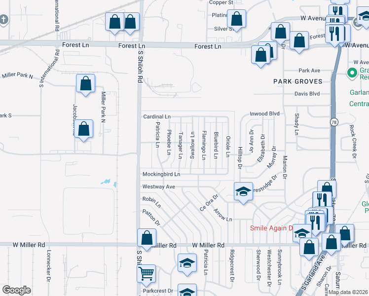 map of restaurants, bars, coffee shops, grocery stores, and more near 1306 Tanager Lane in Garland