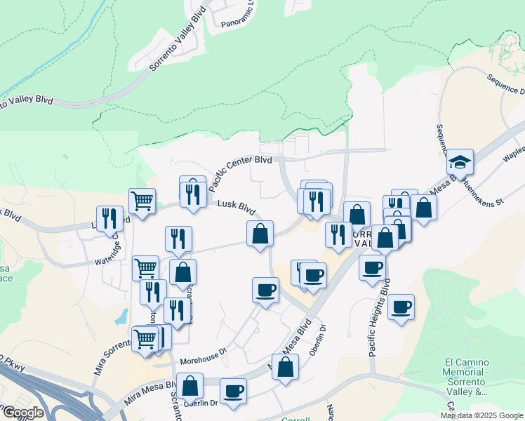 map of restaurants, bars, coffee shops, grocery stores, and more near 6255 Lusk Boulevard in San Diego