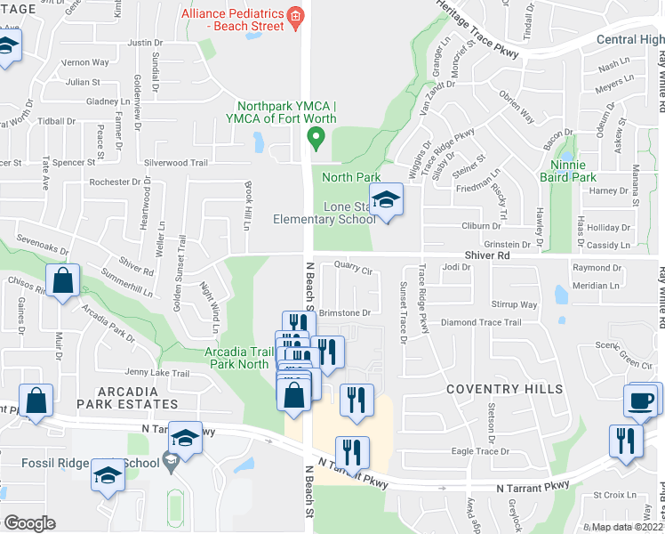 map of restaurants, bars, coffee shops, grocery stores, and more near 8821 Limestone Drive in Fort Worth