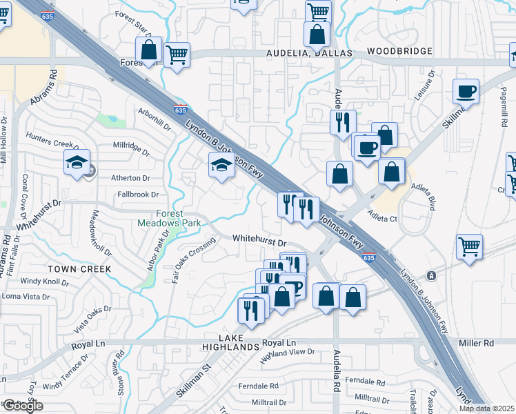 map of restaurants, bars, coffee shops, grocery stores, and more near 9941 Whitehurst Drive in Dallas
