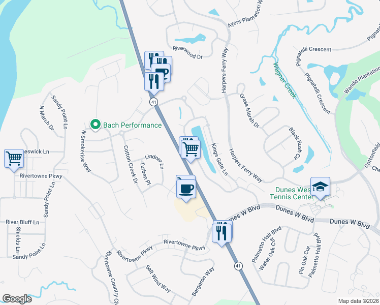 map of restaurants, bars, coffee shops, grocery stores, and more near 2180 Kings Gate Lane in Mount Pleasant