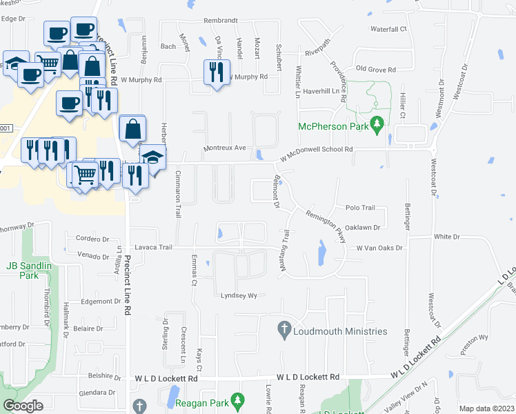 map of restaurants, bars, coffee shops, grocery stores, and more near 613 Terrace Lane in Colleyville