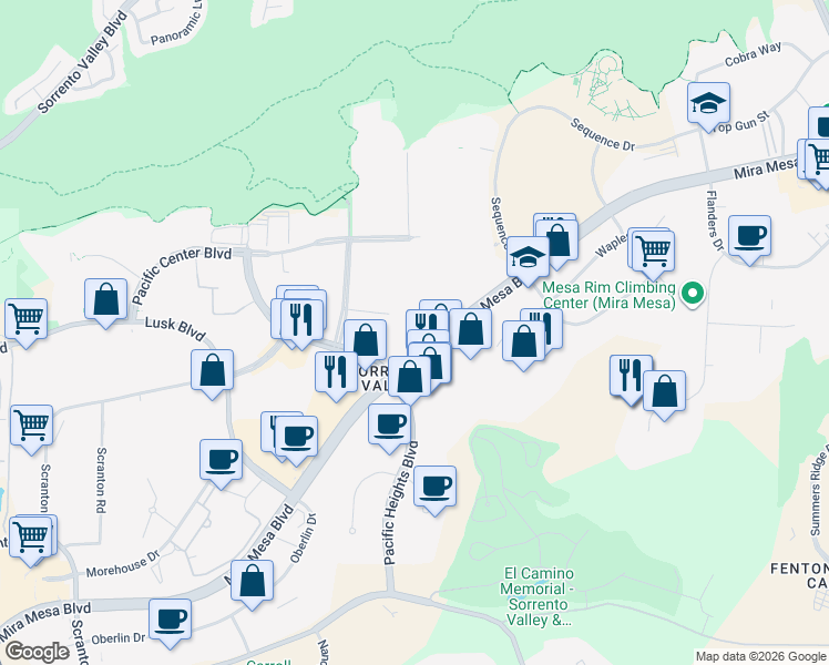 map of restaurants, bars, coffee shops, grocery stores, and more near 5995 Pacific Mesa Court in San Diego