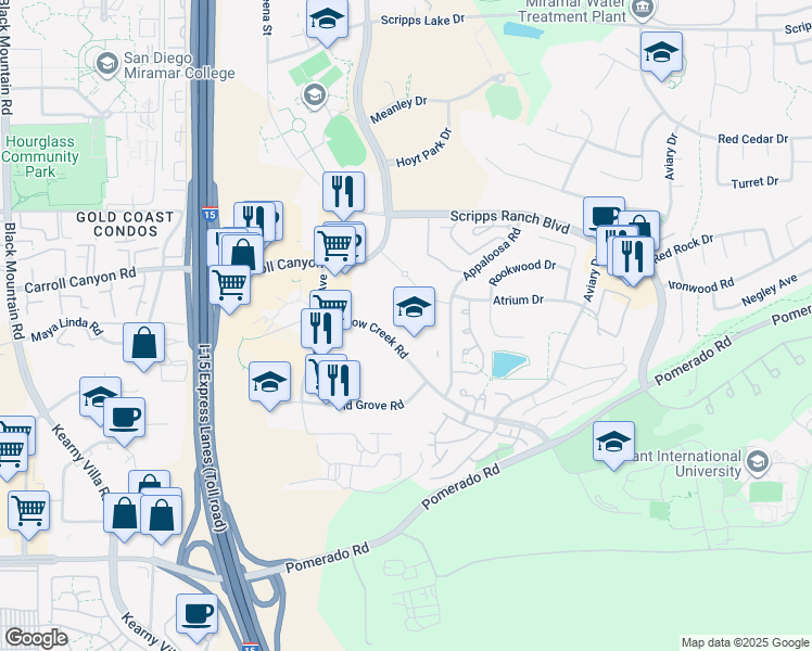 map of restaurants, bars, coffee shops, grocery stores, and more near 10100 Willow Creek Road in San Diego
