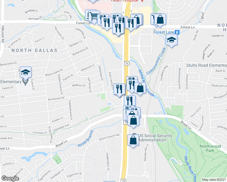 map of restaurants, bars, coffee shops, grocery stores, and more near Northaven Rd & Park Central Pl in Dallas