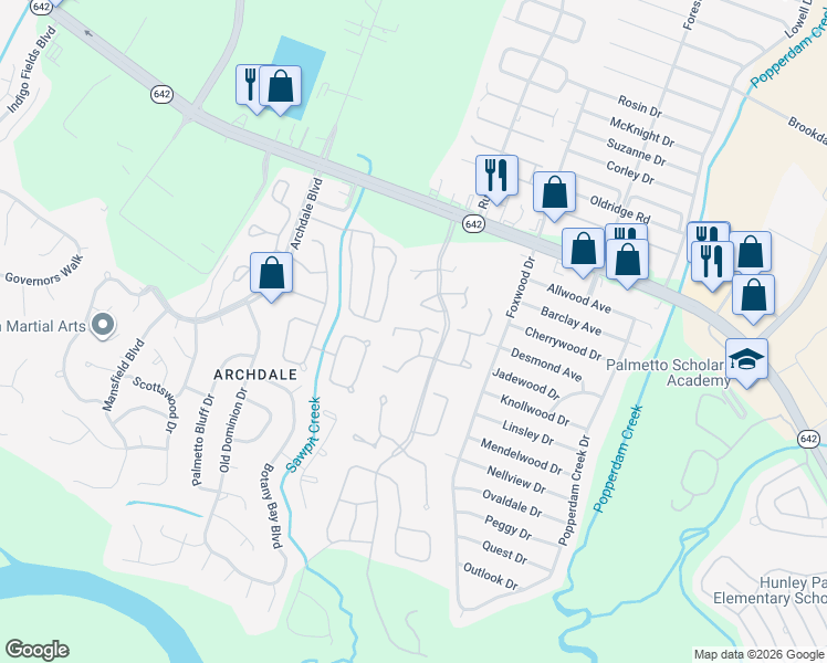 map of restaurants, bars, coffee shops, grocery stores, and more near 7930 Edgebrook Circle in North Charleston