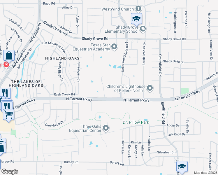 map of restaurants, bars, coffee shops, grocery stores, and more near 1400 Wilson Lane in Keller