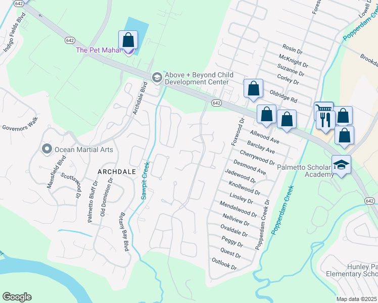 map of restaurants, bars, coffee shops, grocery stores, and more near 7930 Edgebrook Circle in North Charleston