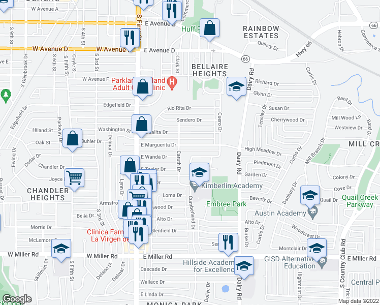 map of restaurants, bars, coffee shops, grocery stores, and more near 1304 Caruth Drive in Garland