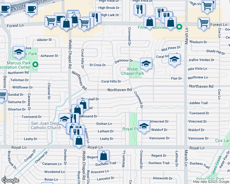 map of restaurants, bars, coffee shops, grocery stores, and more near 3311 Whitehall Drive in Dallas