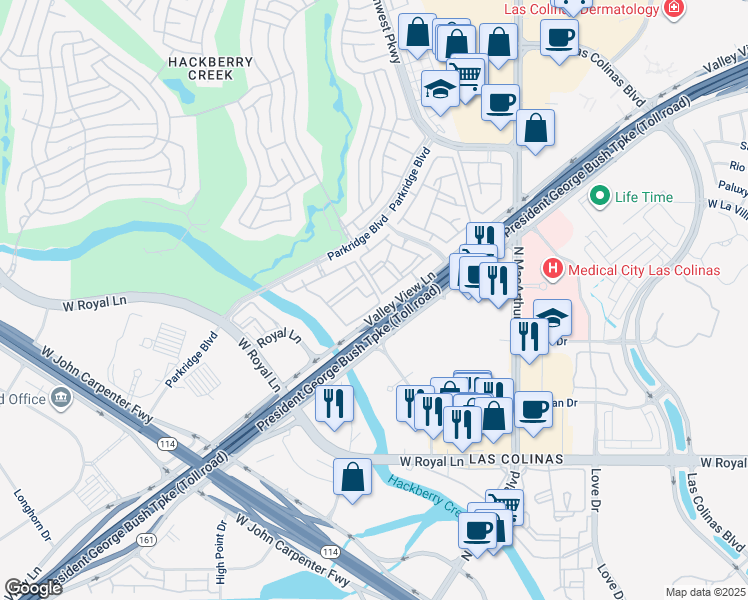 map of restaurants, bars, coffee shops, grocery stores, and more near 6901 State Highway 161 in Irving