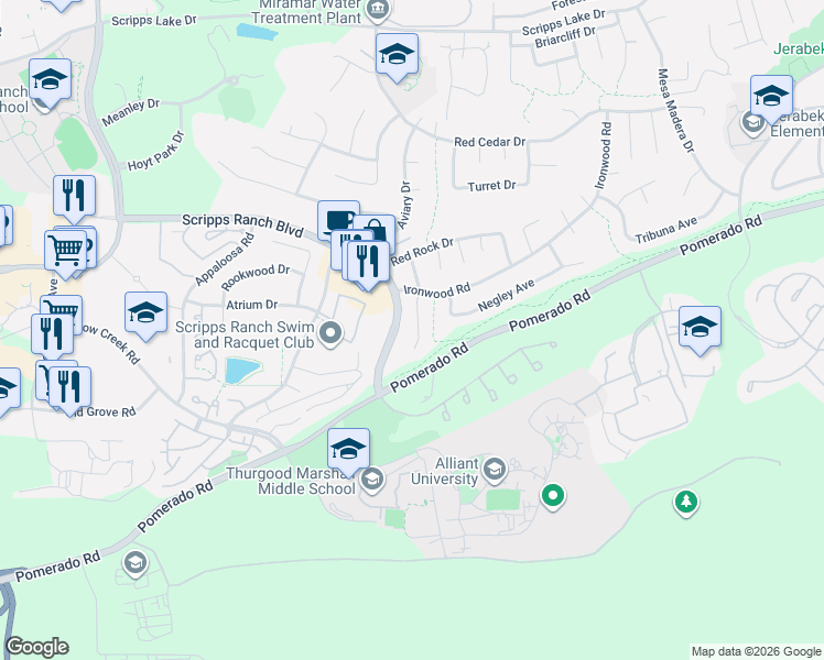 map of restaurants, bars, coffee shops, grocery stores, and more near 9919 Waldgrove Place in San Diego