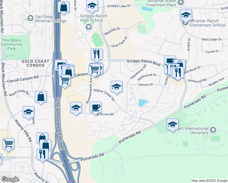 map of restaurants, bars, coffee shops, grocery stores, and more near 10180 Willow Creek Road in San Diego