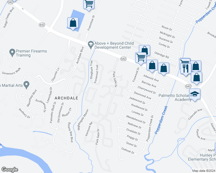map of restaurants, bars, coffee shops, grocery stores, and more near 7930 Edgebrook Circle in North Charleston