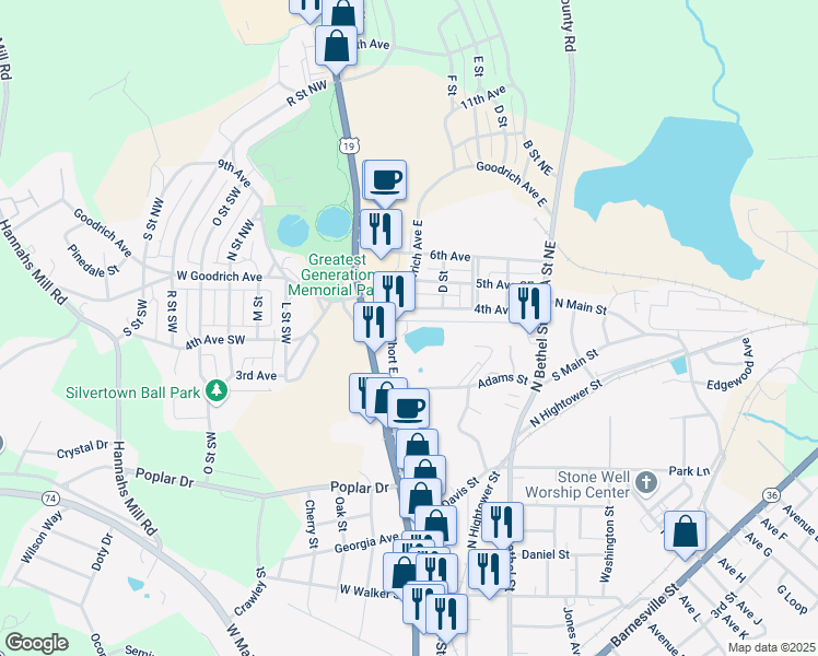 map of restaurants, bars, coffee shops, grocery stores, and more near 699 Short East Street in Thomaston