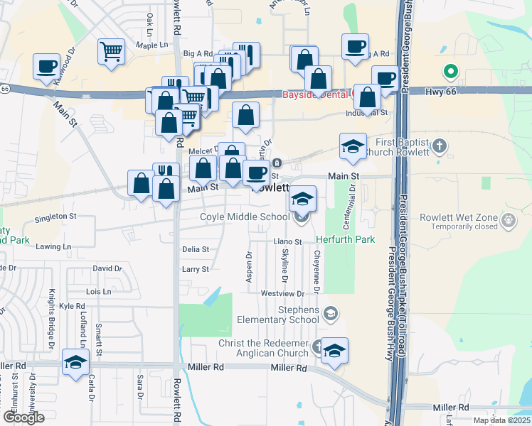 map of restaurants, bars, coffee shops, grocery stores, and more near 3904 Aspen Drive in Rowlett